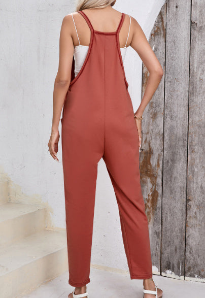 Black Side Pockets Harem Pants Sleeveless V Neck Jumpsuit
