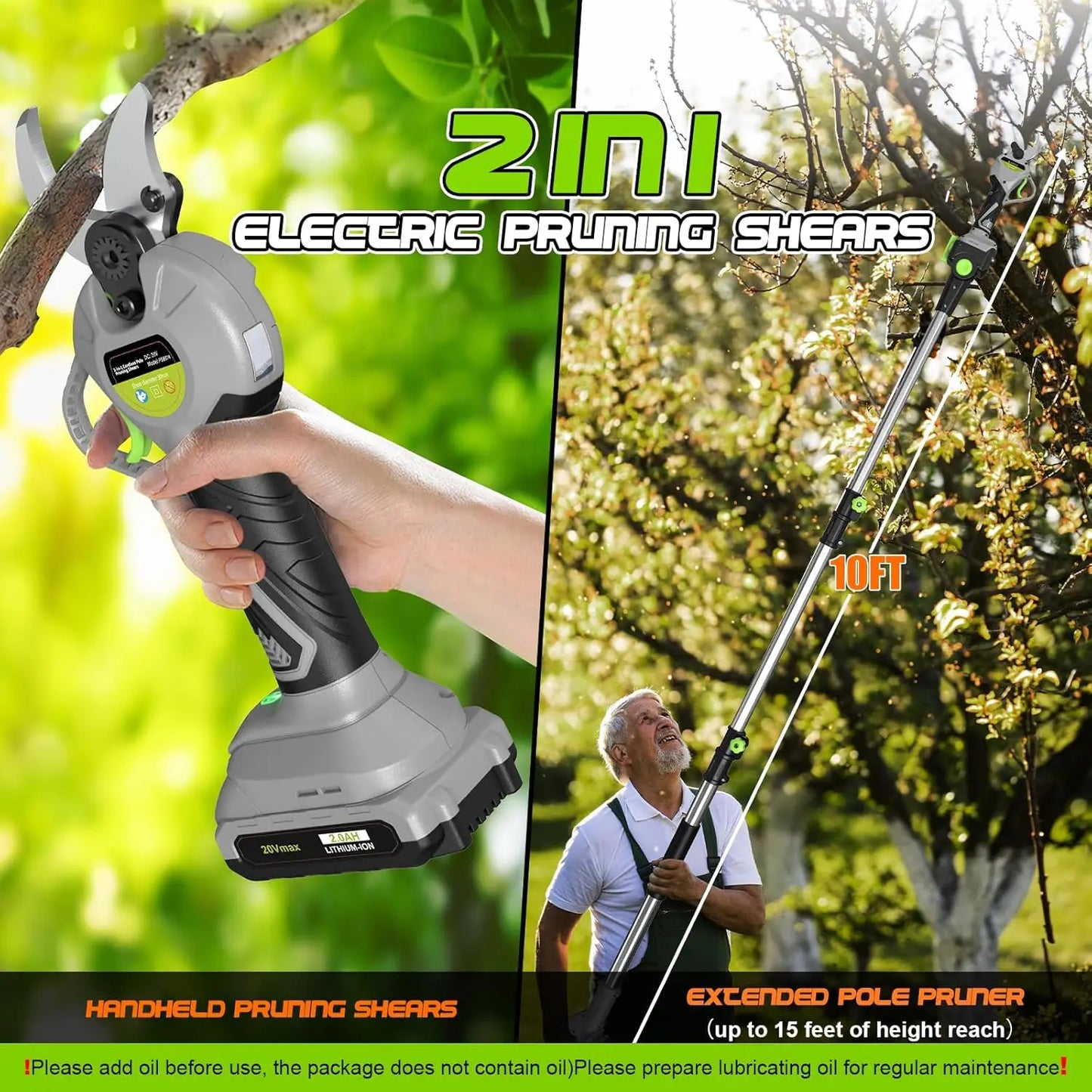 2 In 1 Pole Pruning Shears Cordless (2025 Upgraded), Electric Pruning Shears with LCD Display,1.5-2 Inch Cutting Diameter Pole P