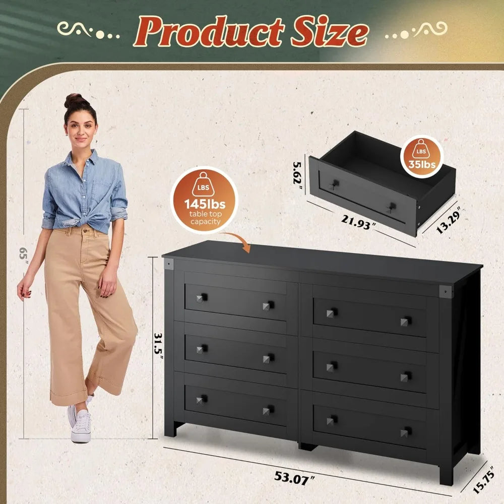 Farmhouse Black Dresser for Bedroom, 53.07'' Wide 6 Drawer Wood Dresser, Chest of Drawers with Double Rustic Handle,
