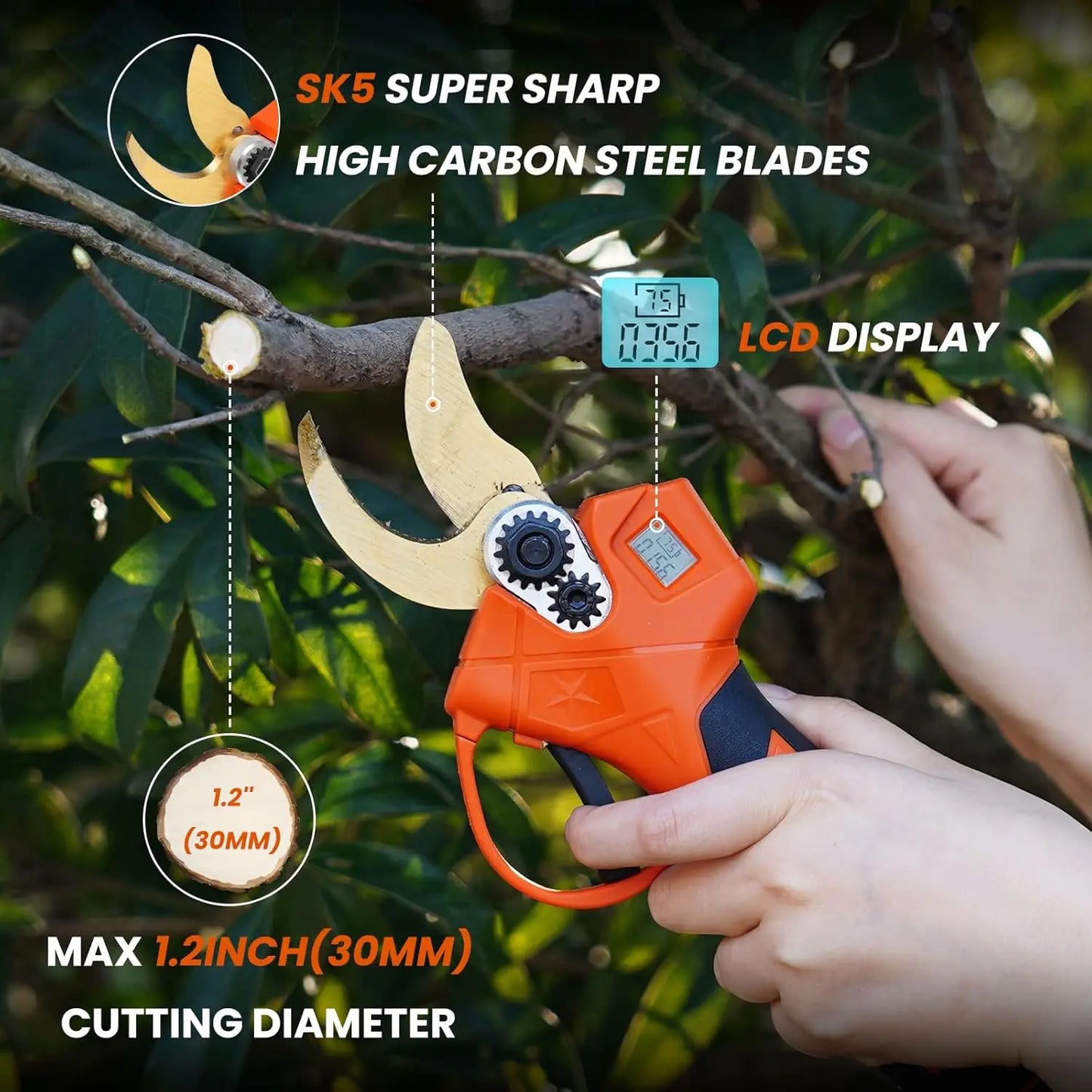 Electric Pruning Shears, 21V Electric Pruner with LCD Display, Cordless Pruning Shears Brushless with 2Pcs Rechargeable Batterie