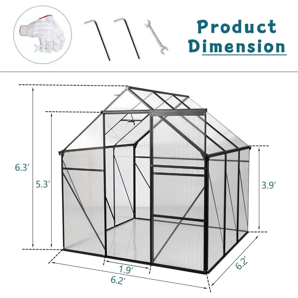 6x6 FT Polycarbonate Greenhouse with Aluminum Frame, Raised Base and Roof Vent,Walk-in Greenhouses for Patio Garden, Greenhouses