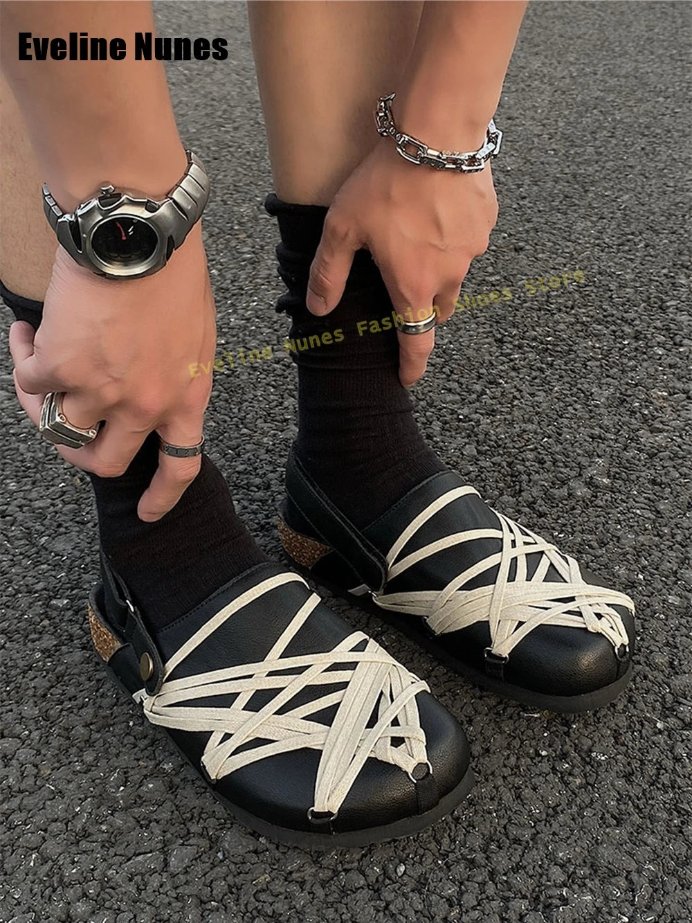 Cross Tied Back Strap Fashion Mules Round Toe Thick Sole Slip On Street Style Couple Casuals Slippers 2025 Summer New Arrivals
