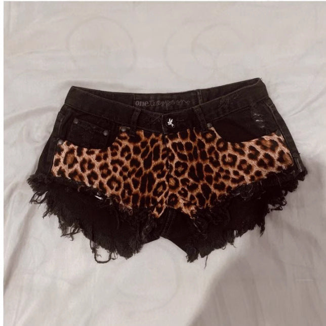 European And American Millennium Subculture Leopard Print Low Waist Denim Super Short Shorts