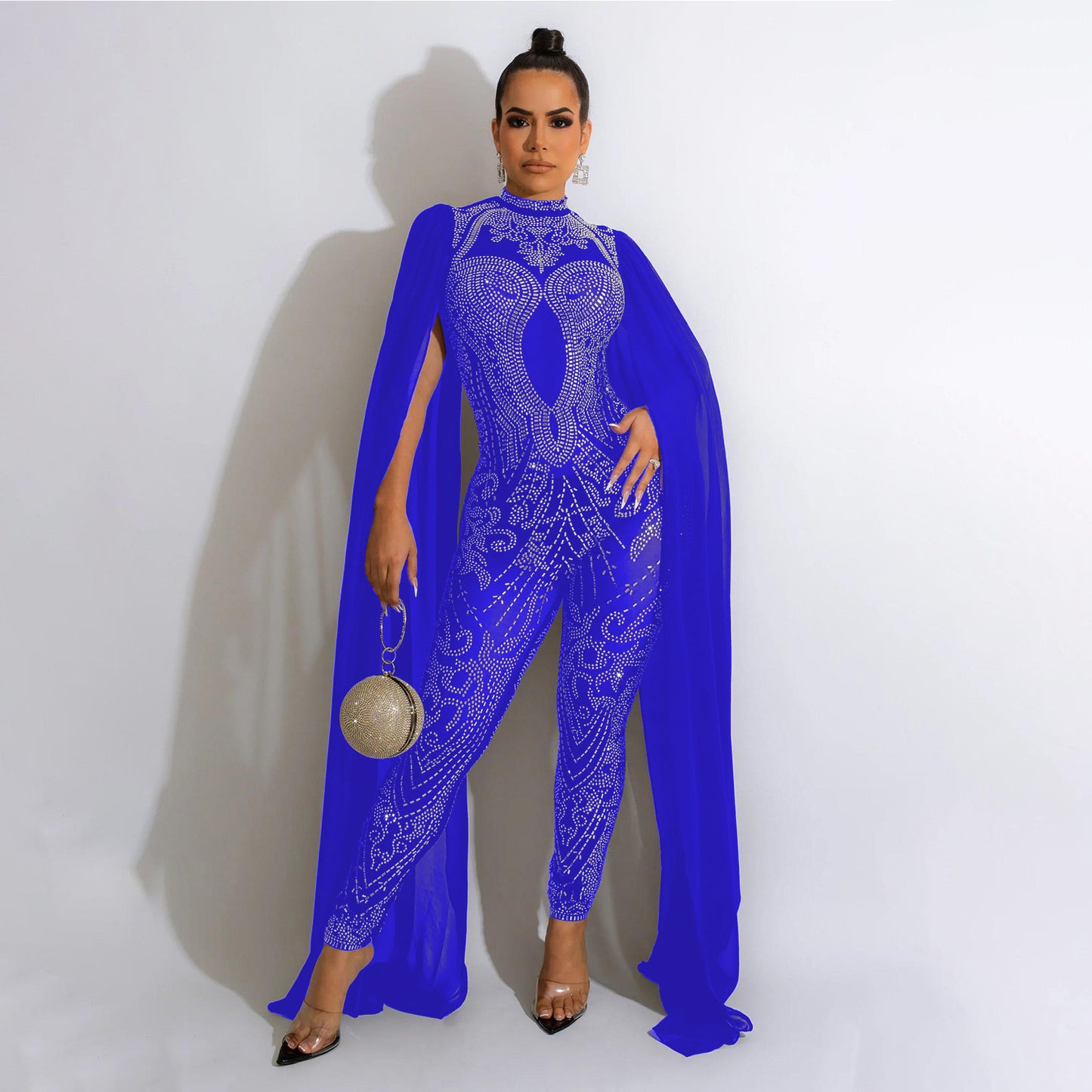 Autumn And Winter New Women's Sexy Mesh Rhinestone See-through Nightclub Jumpsuit