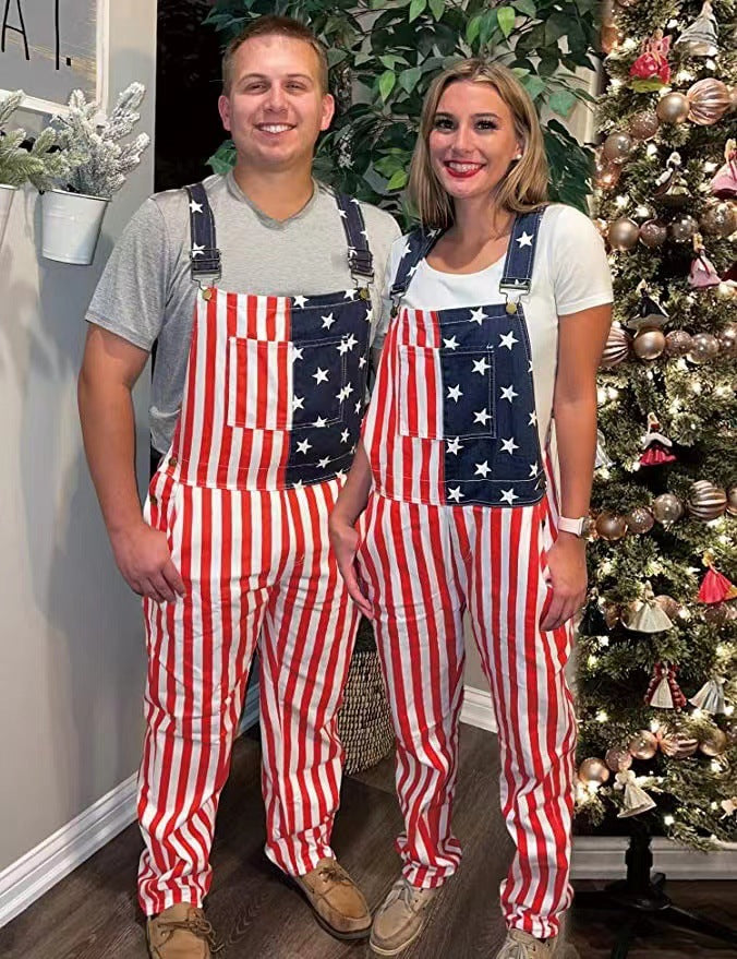 American Independence Day Flag Couple Overalls Overalls Trousers