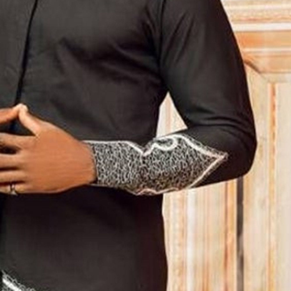 Ethnic Style Black Stand-up Collar Cotton Slim Fit Casual Shirt