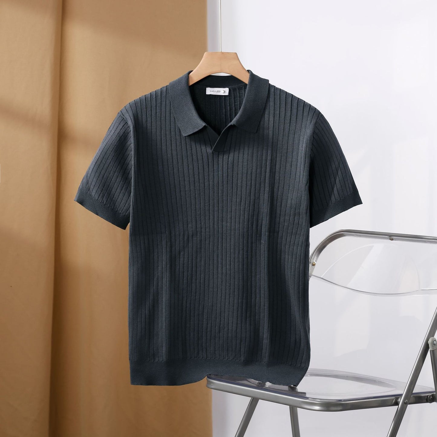 American Lapel Sunken Stripe Jacquard Sweater