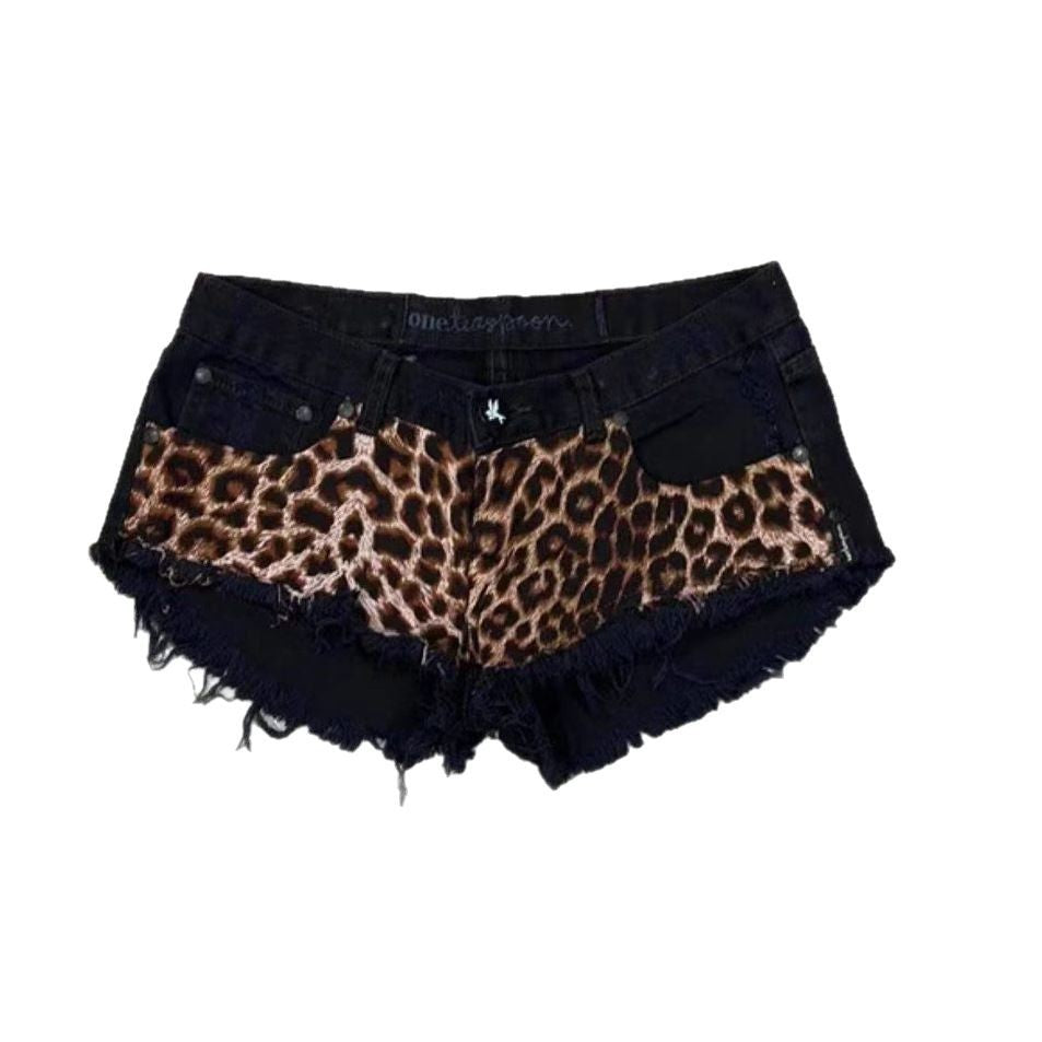 European And American Millennium Subculture Leopard Print Low Waist Denim Super Short Shorts