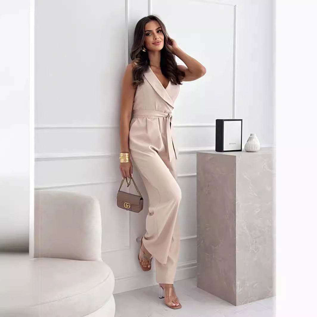 Comfort And Casual Solid Color And V-neck Sleeveless Jumpsuit