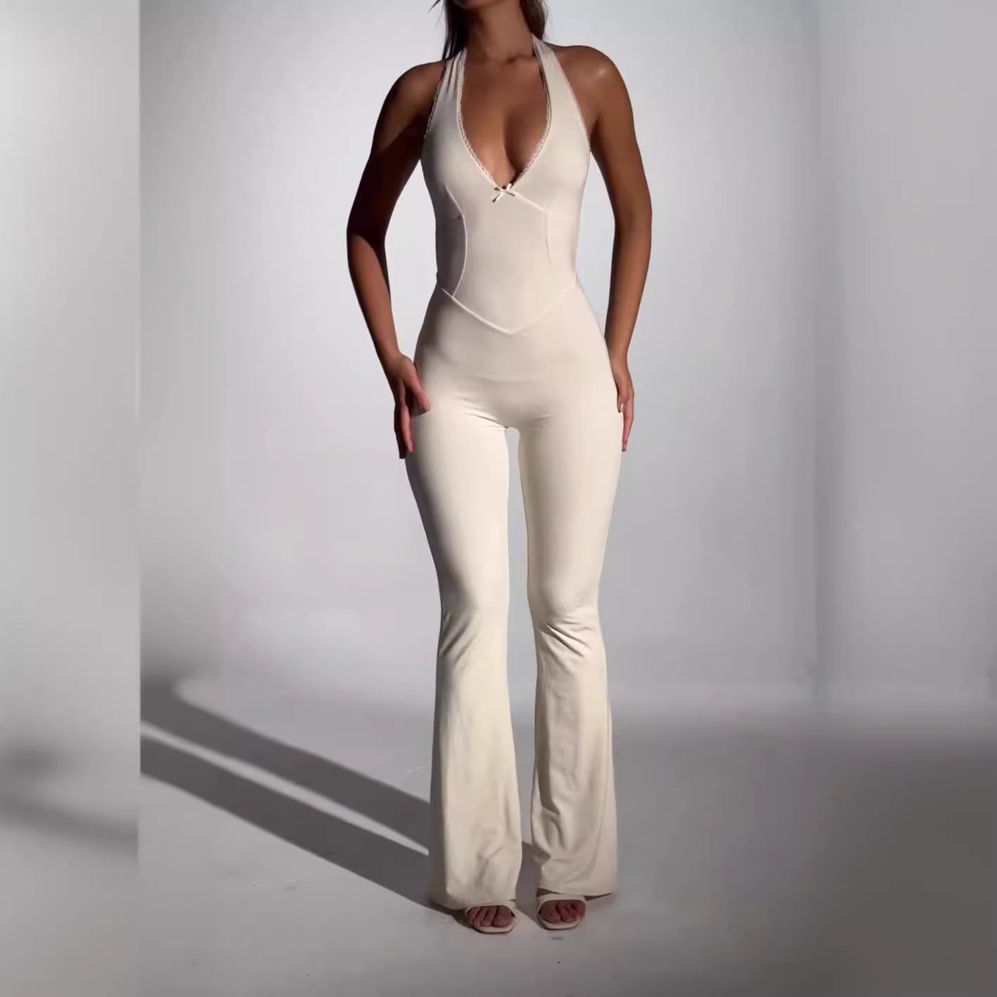 European And American Solid Color Low-cut U-neck Stretch Tight Sexy Sleeveless Jumpsuit
