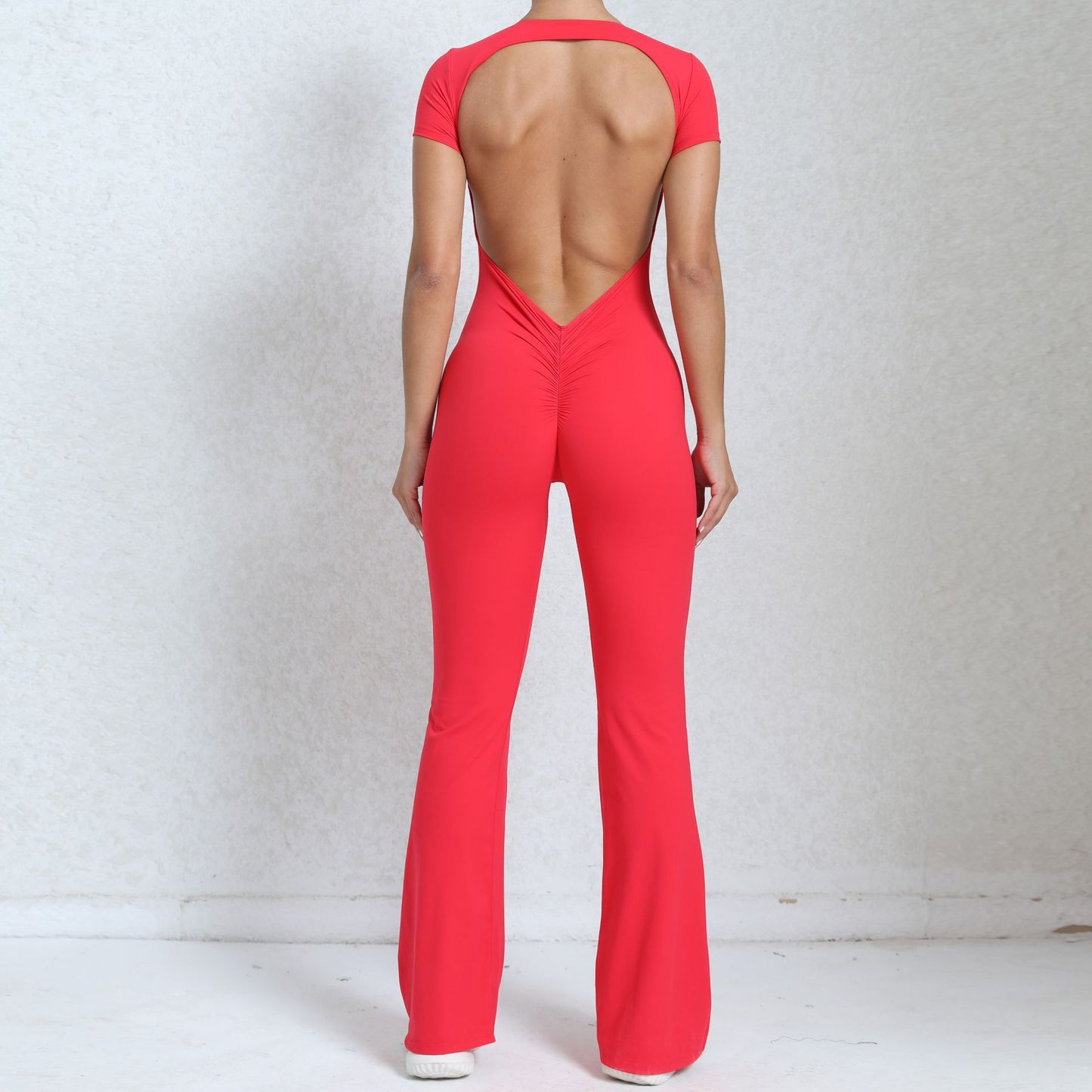 Bare Back Short Sleeve Nude Feel Yoga Outer Wear Fitness Sports Jumpsuit