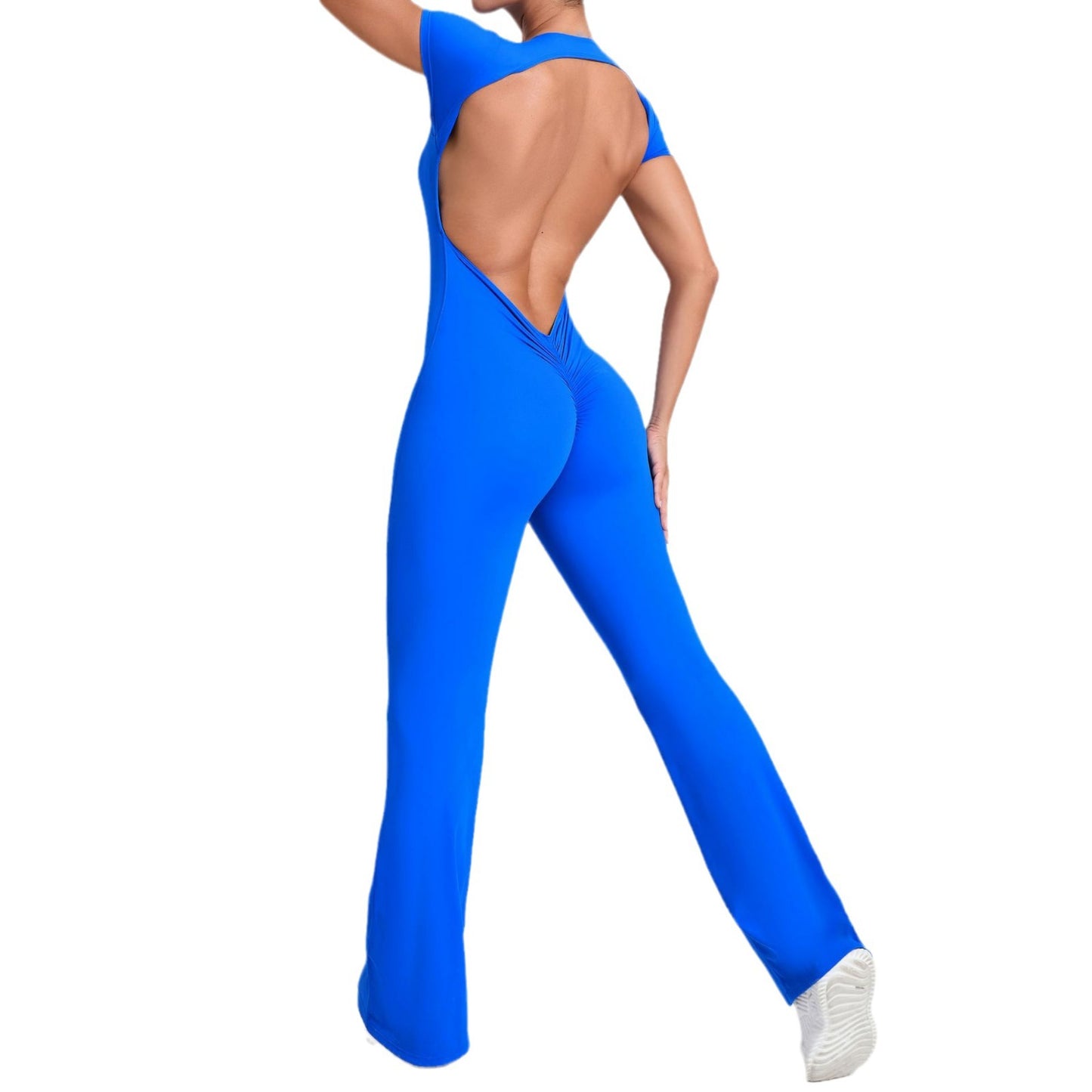 Bare Back Short Sleeve Nude Feel Yoga Outer Wear Fitness Sports Jumpsuit