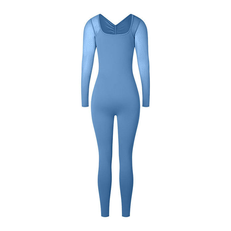 Back Pleated Hollow Sexy Mesh Long Sleeve Jumpsuit