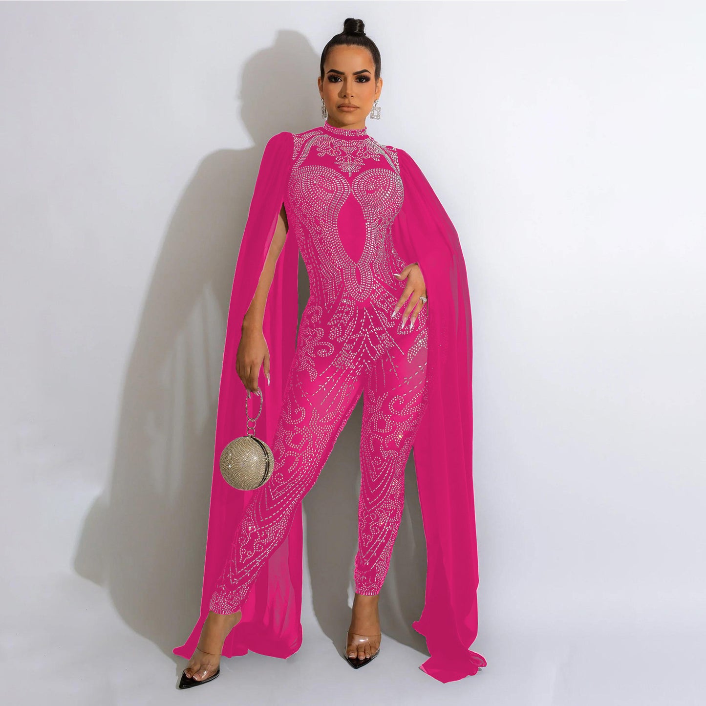 Autumn And Winter New Women's Sexy Mesh Rhinestone See-through Nightclub Jumpsuit