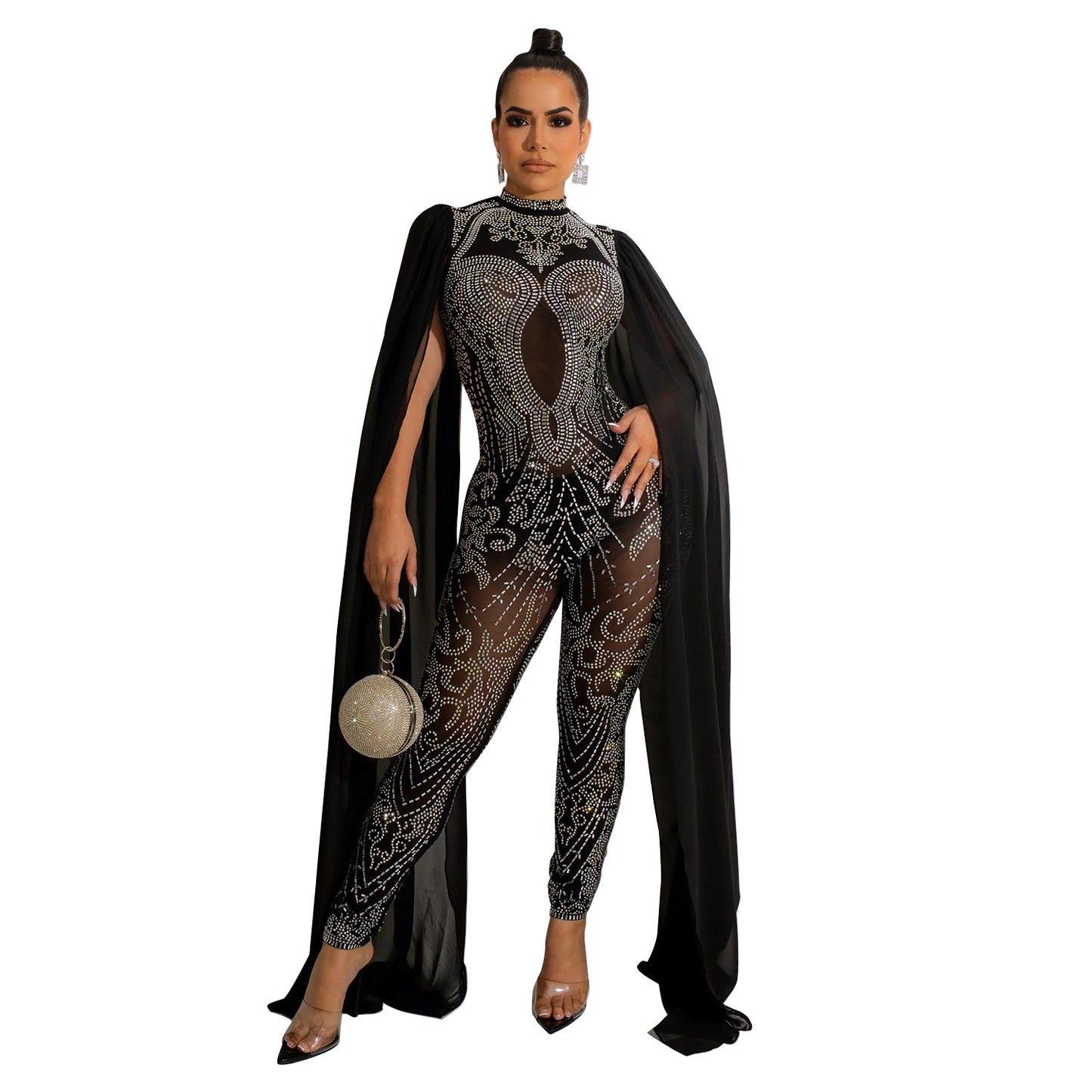 Autumn And Winter New Women's Sexy Mesh Rhinestone See-through Nightclub Jumpsuit