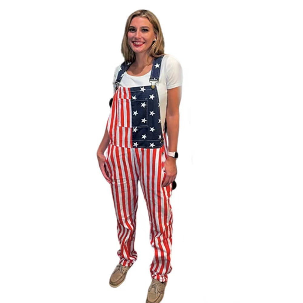 American Independence Day Flag Couple Overalls Overalls Trousers
