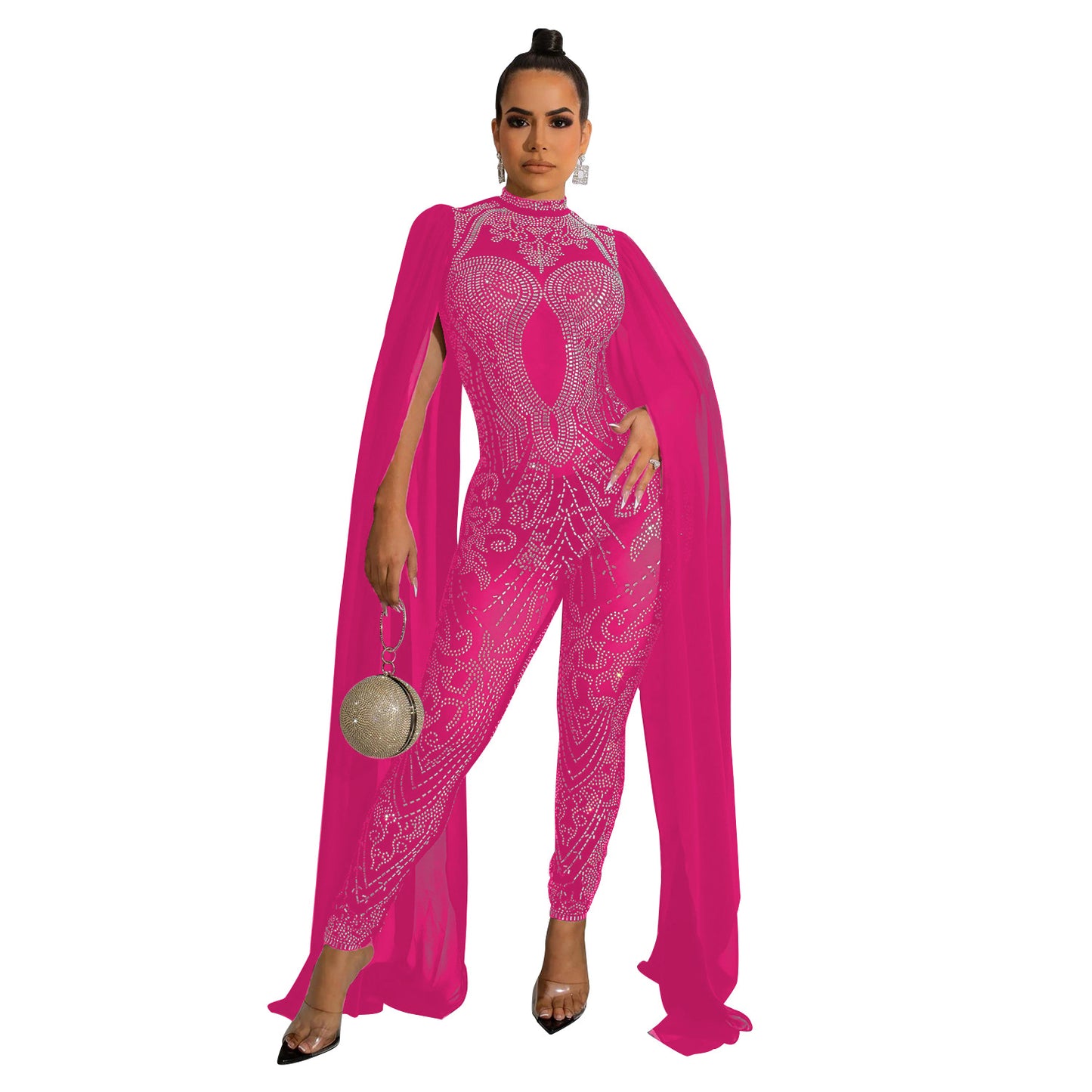 Autumn And Winter New Women's Sexy Mesh Rhinestone See-through Nightclub Jumpsuit