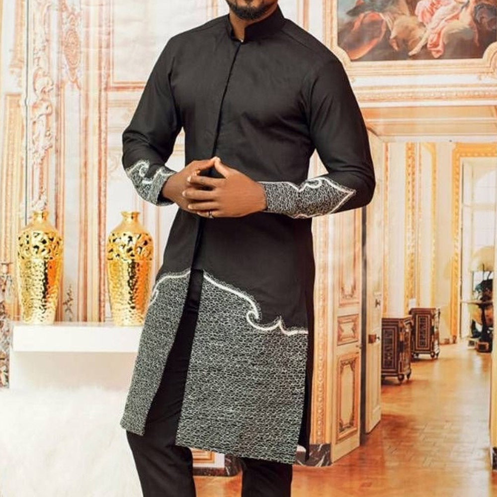 Ethnic Style Black Stand-up Collar Cotton Slim Fit Casual Shirt