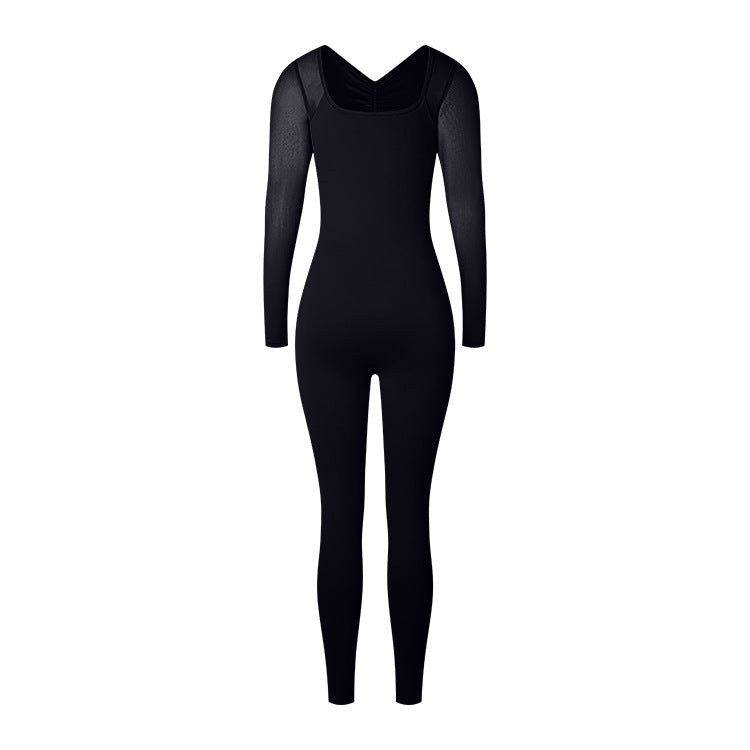 Back Pleated Hollow Sexy Mesh Long Sleeve Jumpsuit