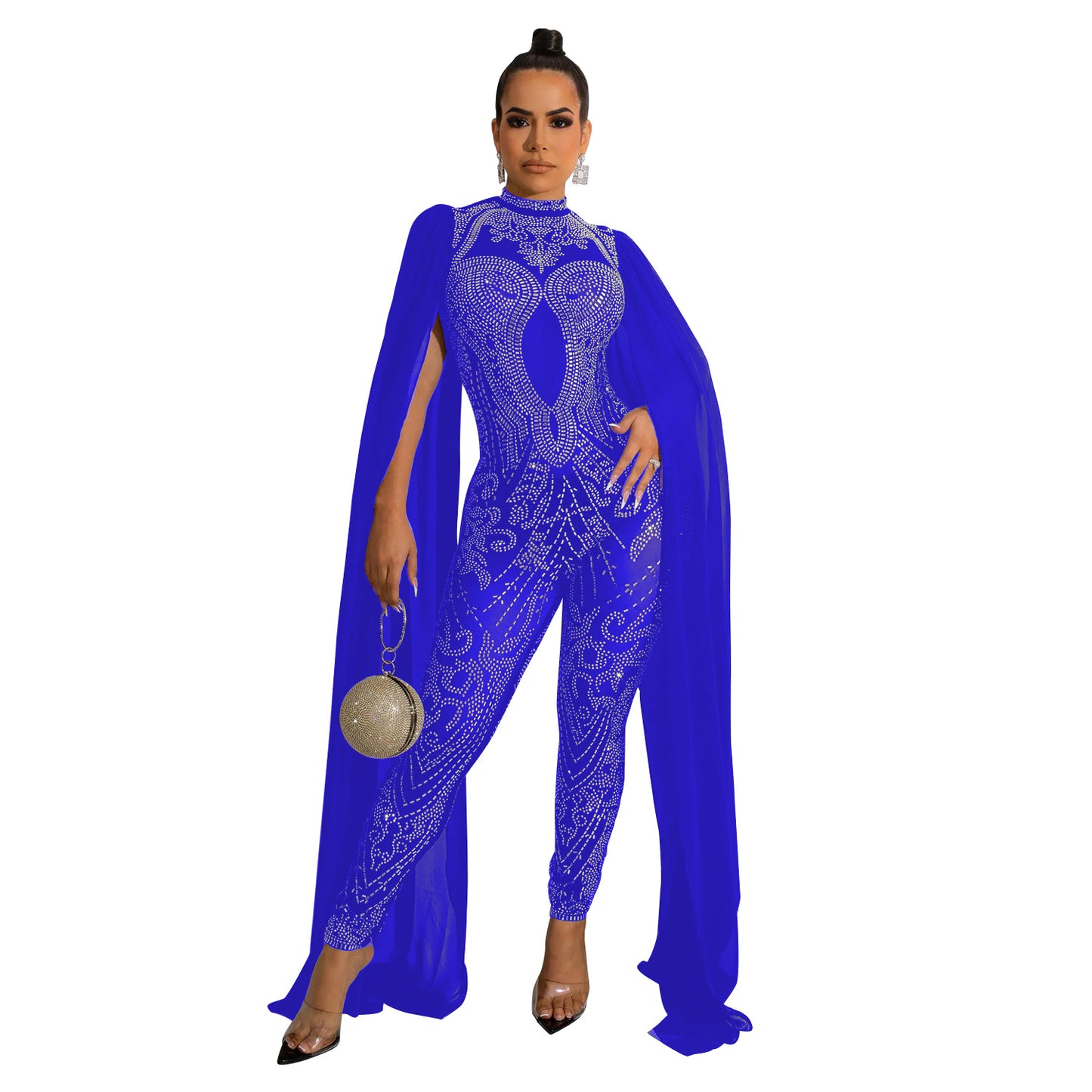 Autumn And Winter New Women's Sexy Mesh Rhinestone See-through Nightclub Jumpsuit