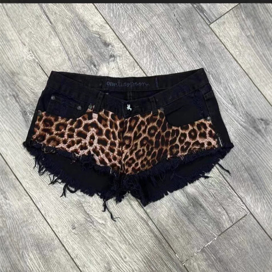 European And American Millennium Subculture Leopard Print Low Waist Denim Super Short Shorts