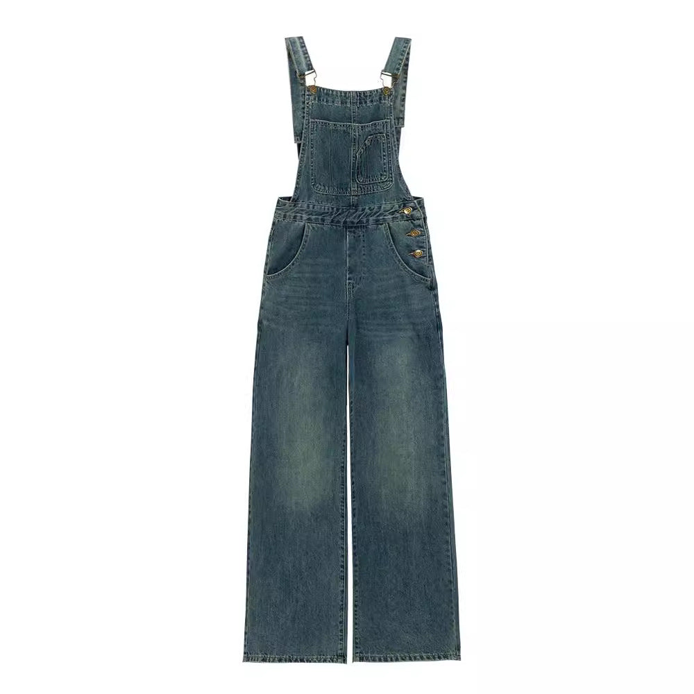Blue Shoulder Strap Jeans Loose Straight Slimming Shirt
