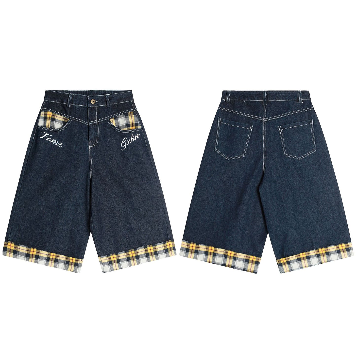 American Retro Plaid Large Pocket Stitching Cargo Shorts