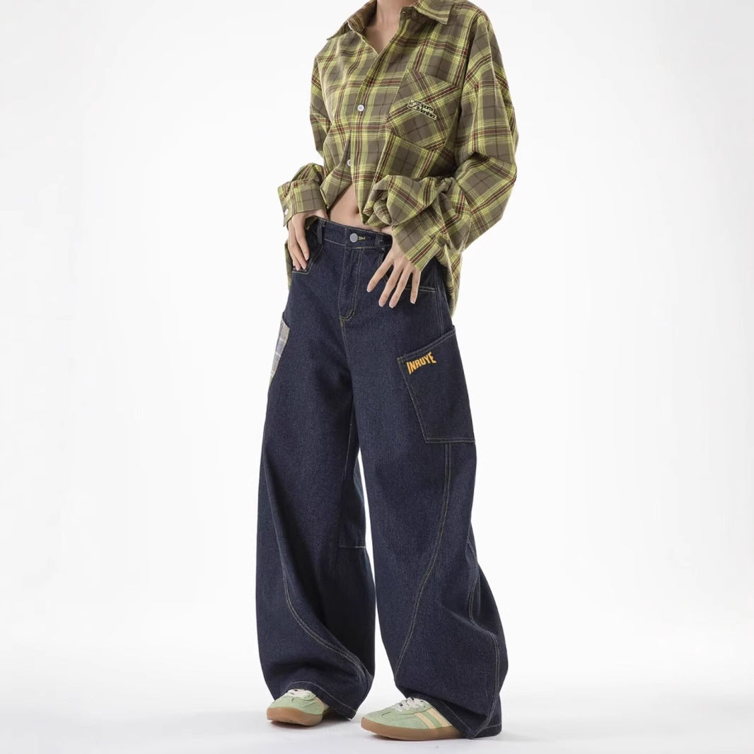 American-style Plaid Patchwork Straight Jeans
