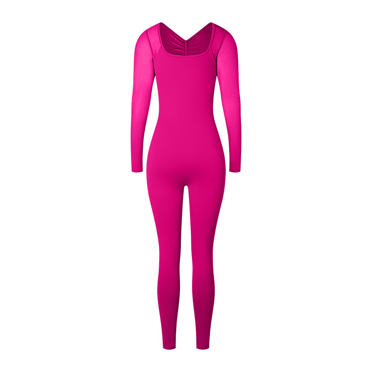 Back Pleated Hollow Sexy Mesh Long Sleeve Jumpsuit