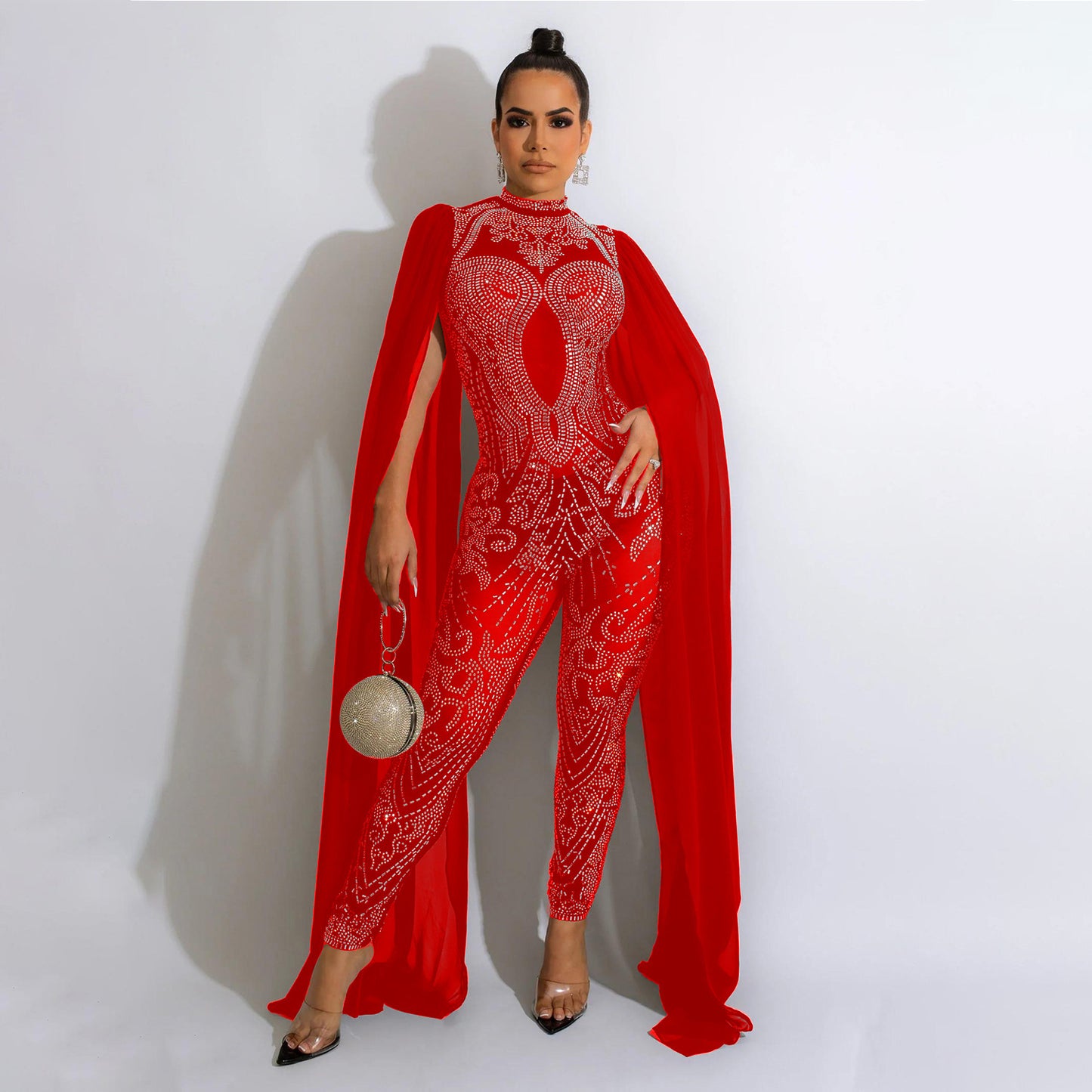 Autumn And Winter New Women's Sexy Mesh Rhinestone See-through Nightclub Jumpsuit