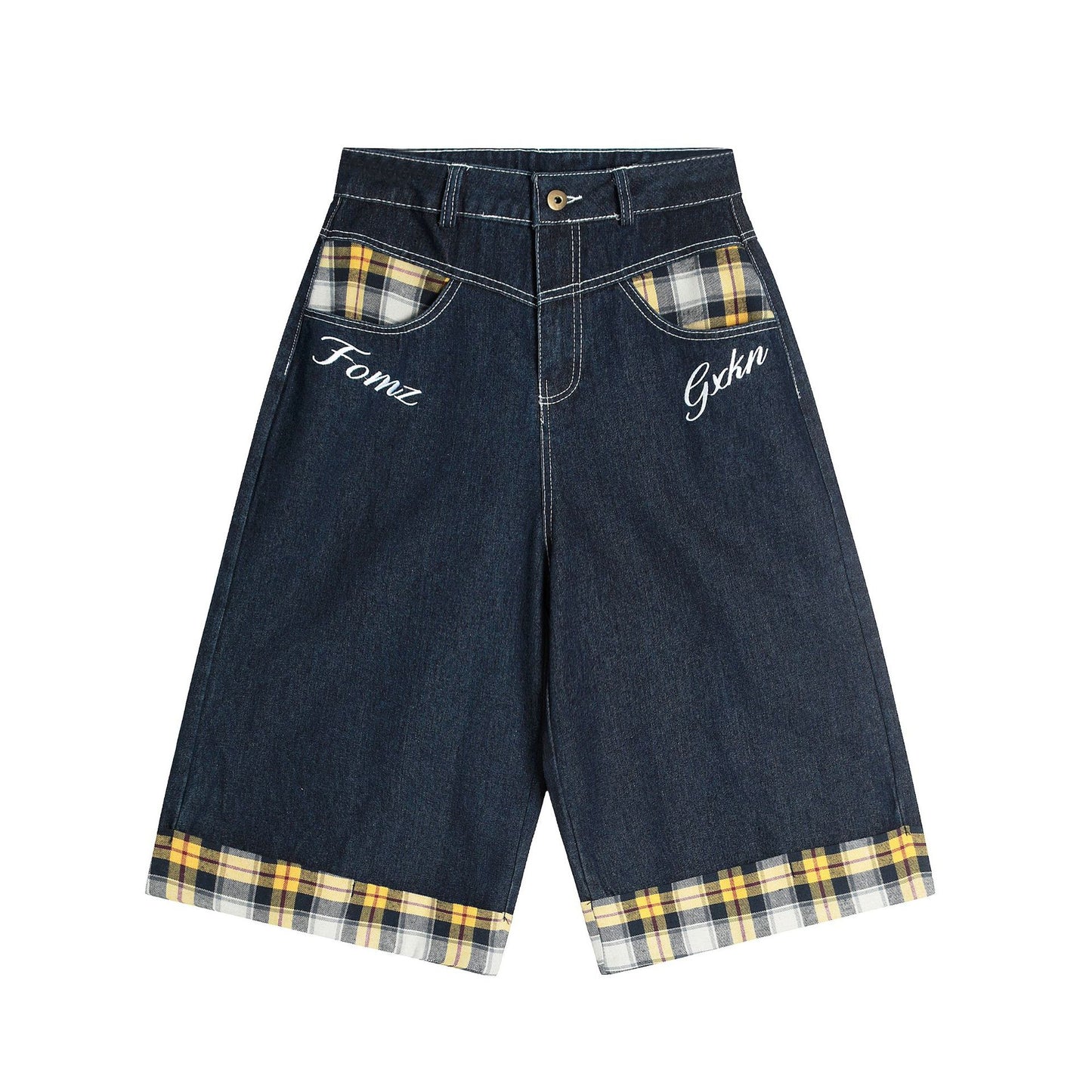 American Retro Plaid Large Pocket Stitching Cargo Shorts