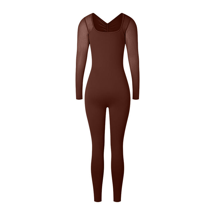 Back Pleated Hollow Sexy Mesh Long Sleeve Jumpsuit