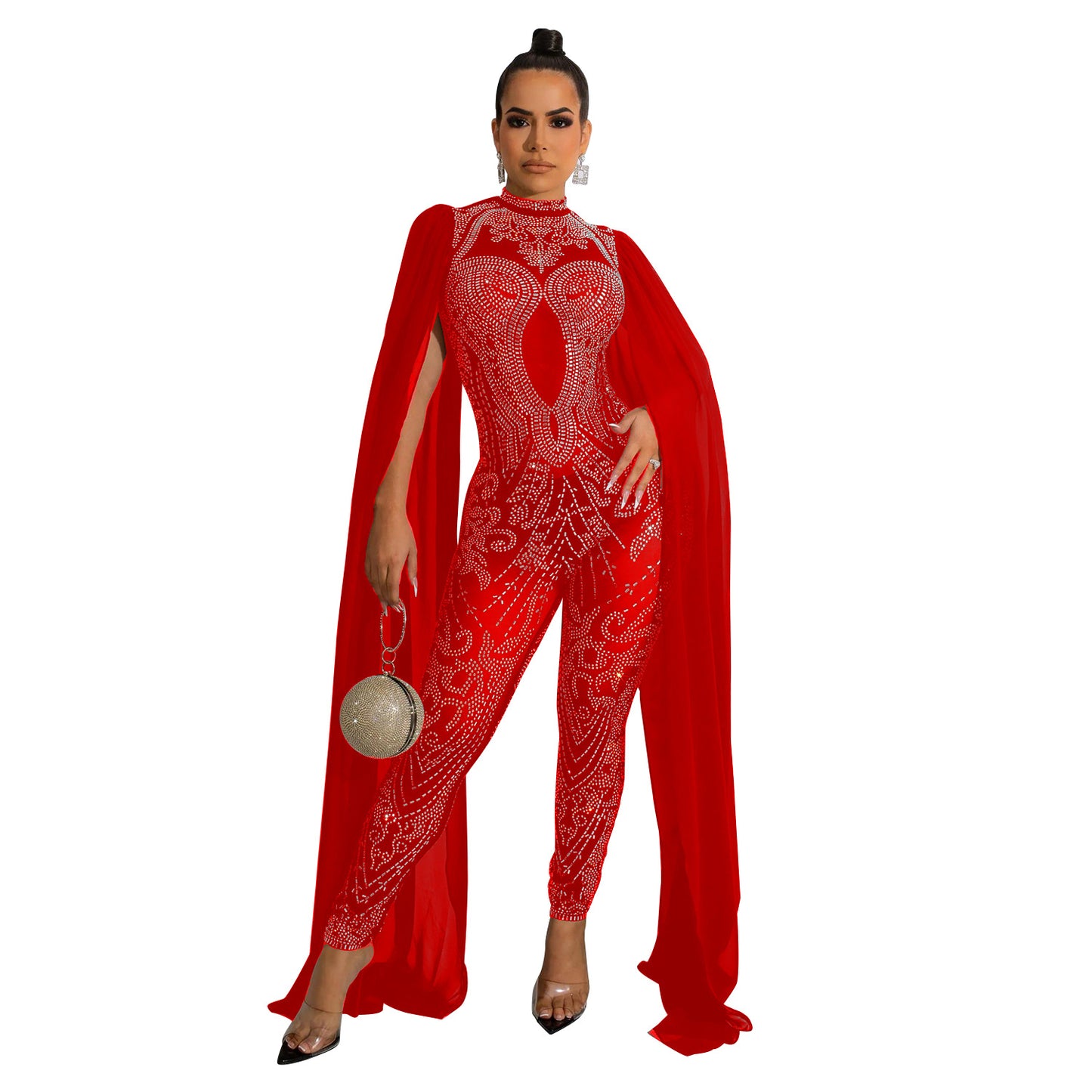 Autumn And Winter New Women's Sexy Mesh Rhinestone See-through Nightclub Jumpsuit