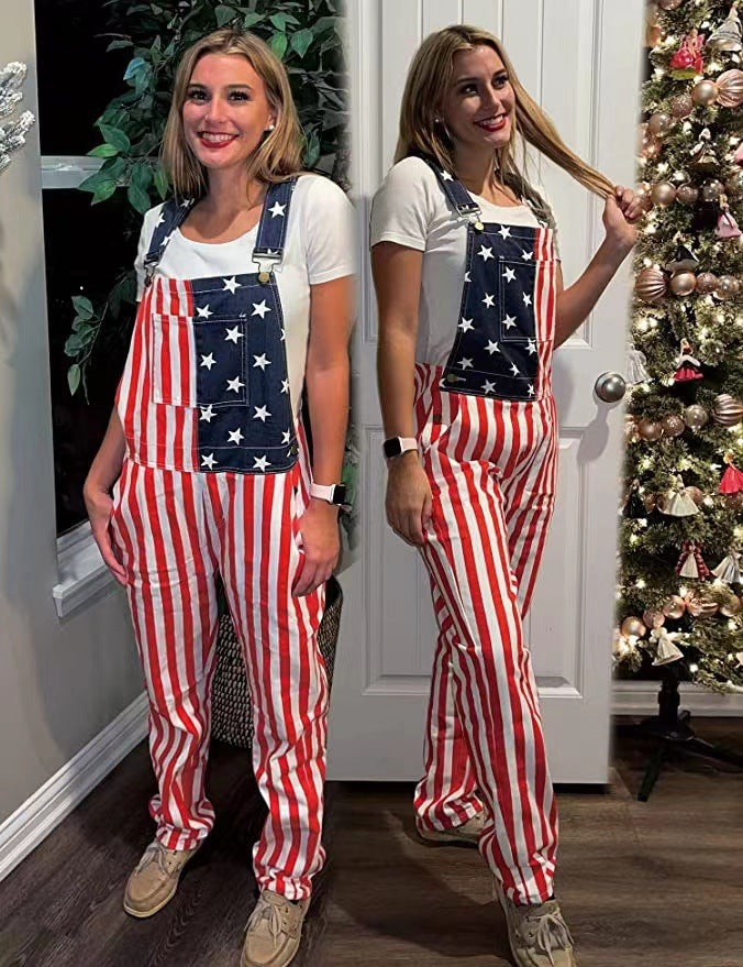 American Independence Day Flag Couple Overalls Overalls Trousers