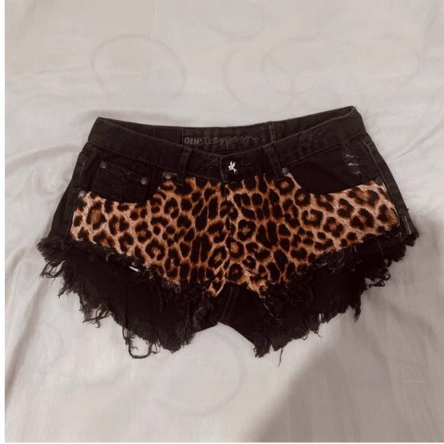 European And American Millennium Subculture Leopard Print Low Waist Denim Super Short Shorts