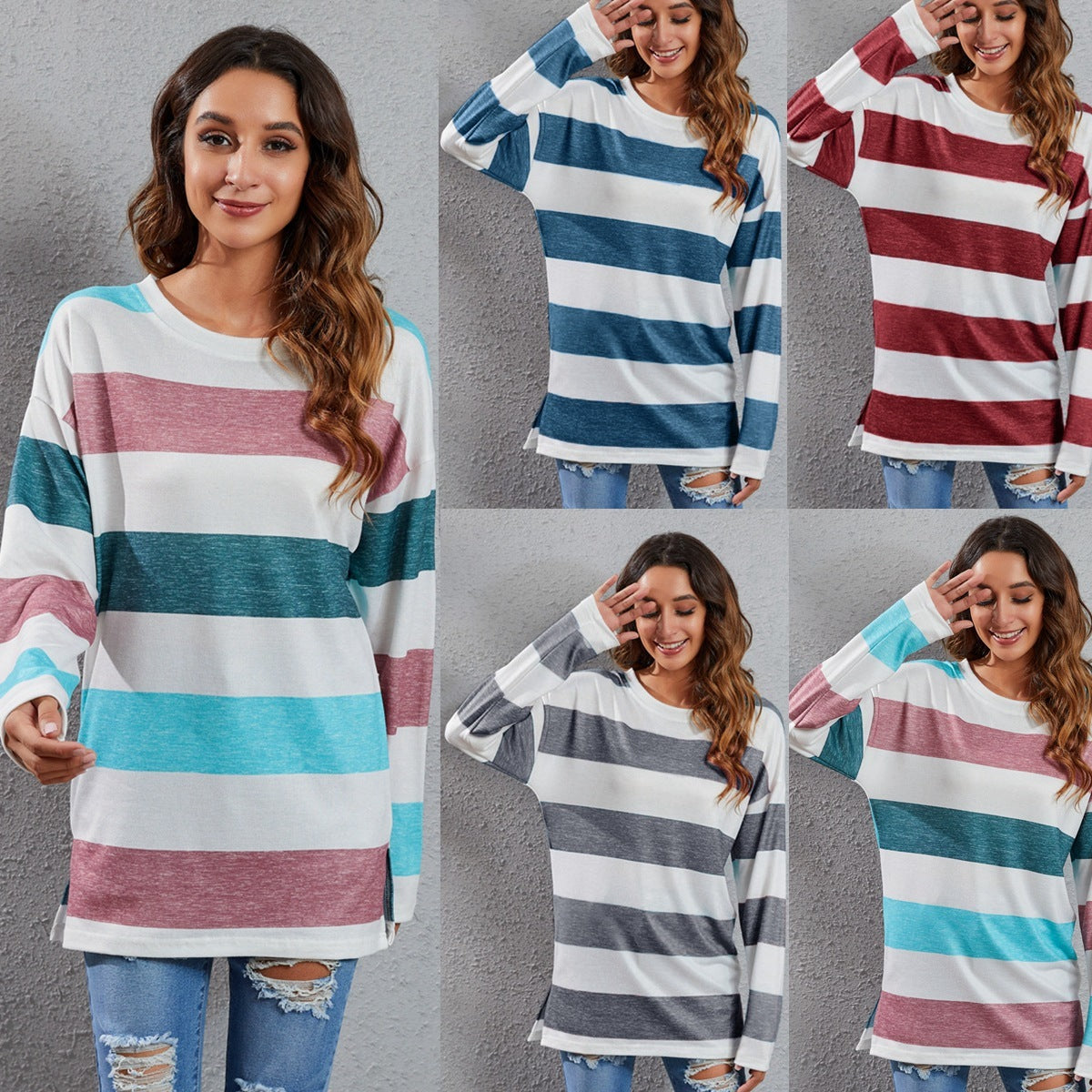 European And American Round Neck Multi-color Stripe Sweater