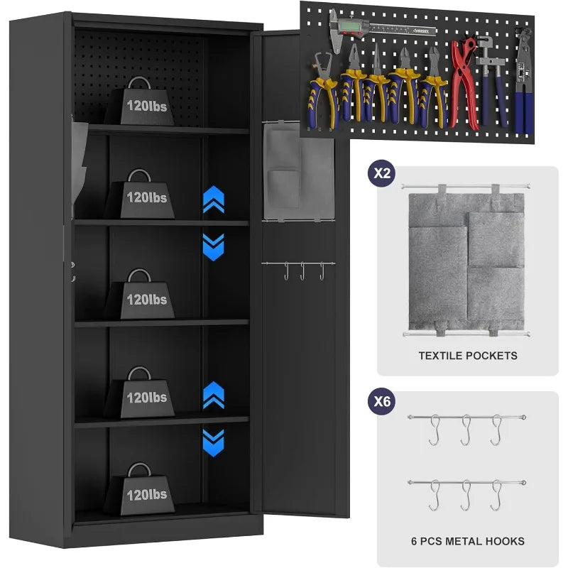 Big Metal Garage Storage Cabinet with Locking Doors, Lockable Heavy Duty Metal Tool Cabinet with Pegboard, Metal Utility Cabinet