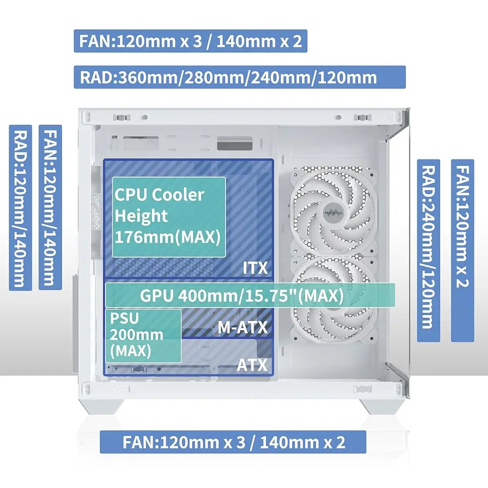 Atx Pc Case, 360Mm Rad Support, 3 X 120Mm Non-Argb Fans Pre-Installed, 270° Full View Tempered Glass Gaming Pc Case With