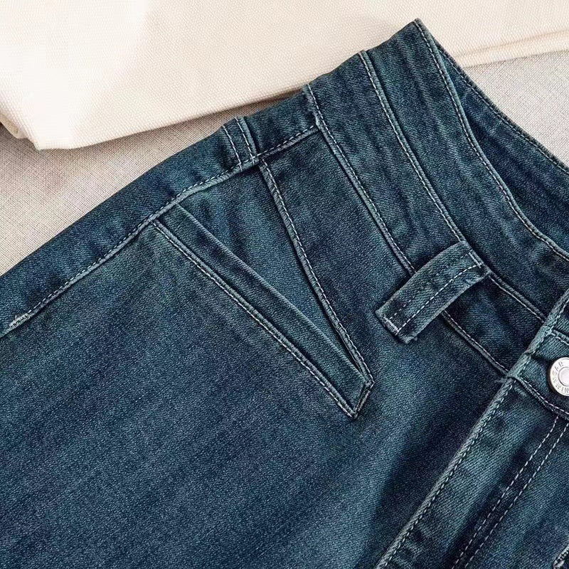 Dark Blue High Waist Drape Denim Wide Leg Pants Retro Pants Slim And Tall Stylish Straight Pants