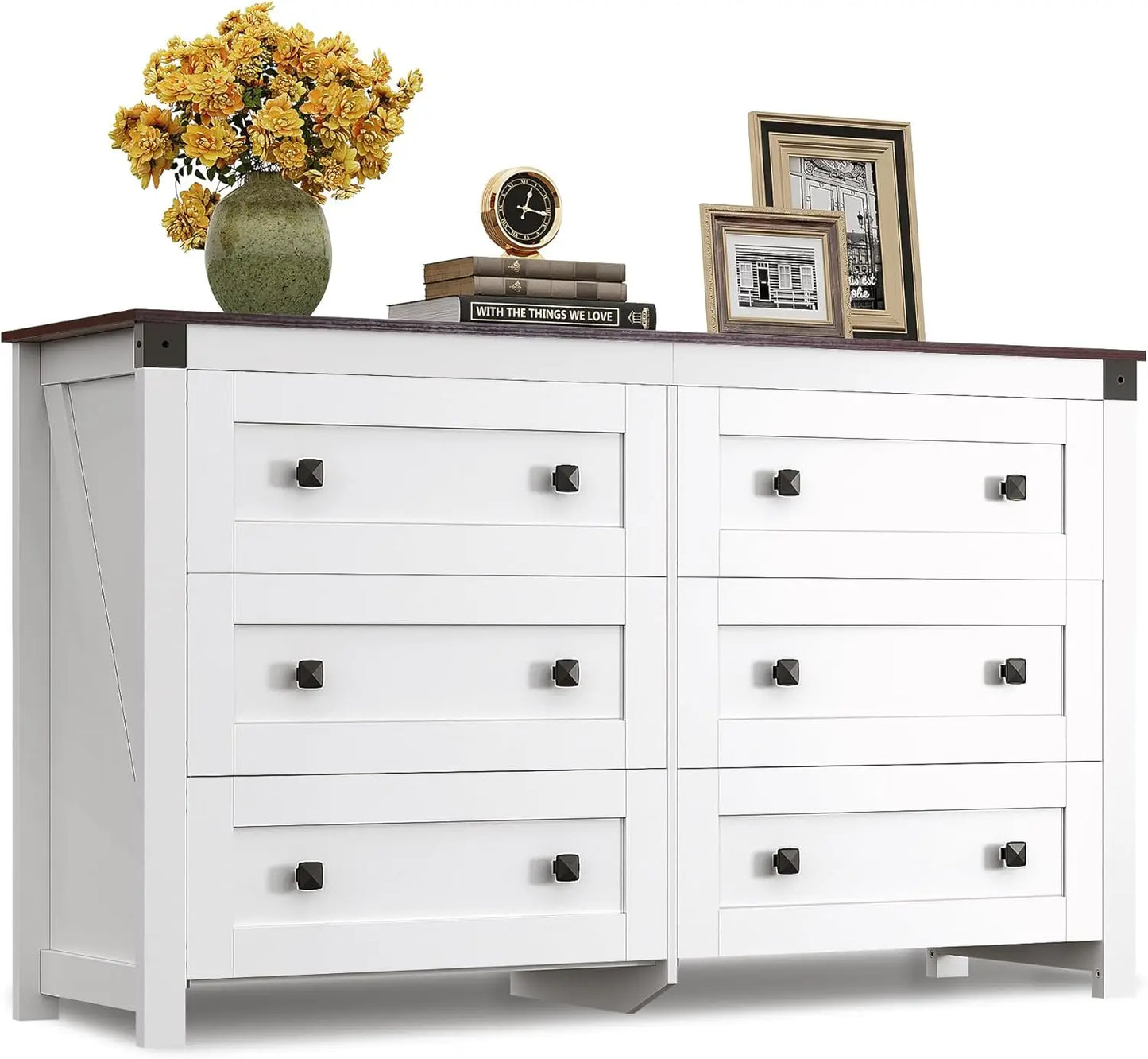 Farmhouse Black Dresser for Bedroom, 53.07'' Wide 6 Drawer Wood Dresser, Chest of Drawers with Double Rustic Handle,