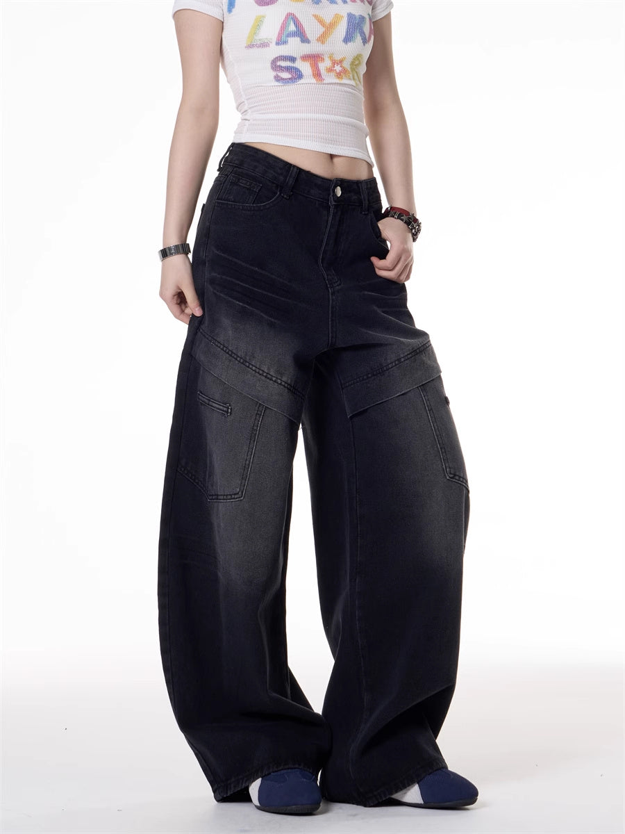 American Retro Hot Girl Style Multi-pocket Deconstructive Design Jeans