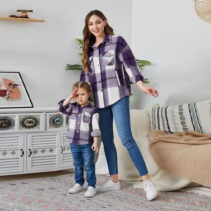Casual Flannel Parent-Child Check Lapel Jacket