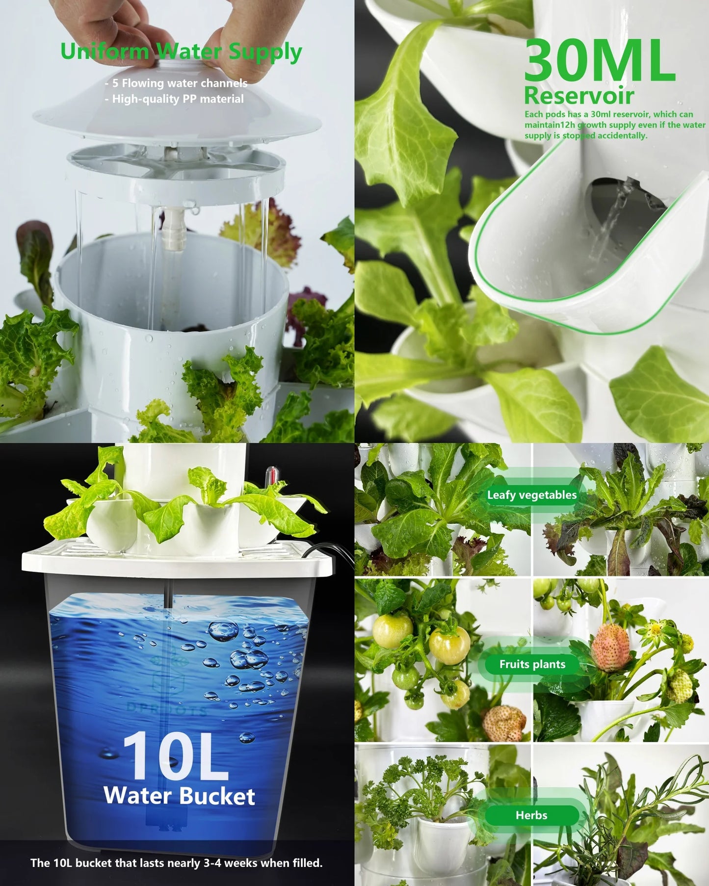 DPROOTS 30 Pods Vertical Hydroponic Tower Growing System for Garden Indoor Led Grow Light Vegetables Smart Movable Planting Kit