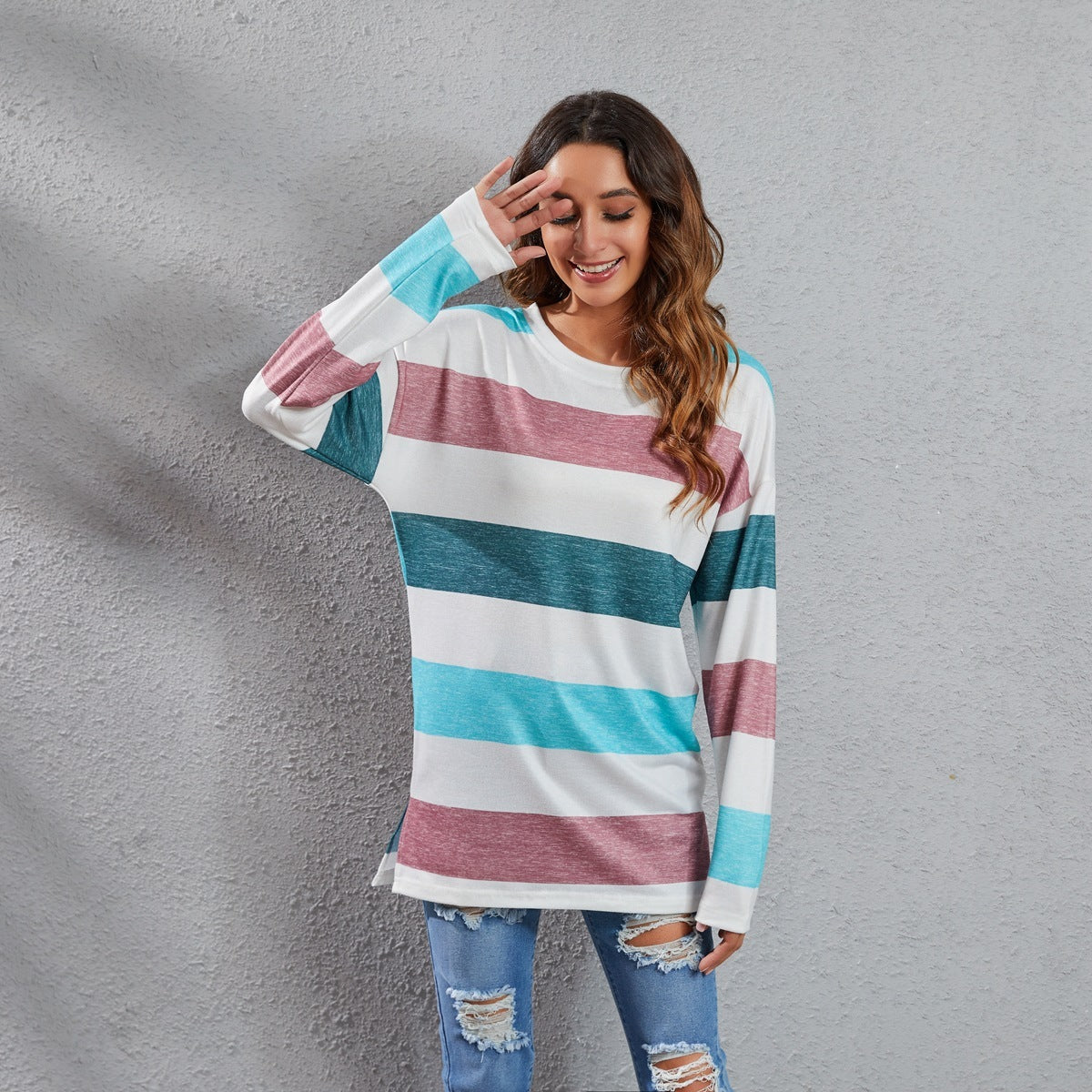 European And American Round Neck Multi-color Stripe Sweater
