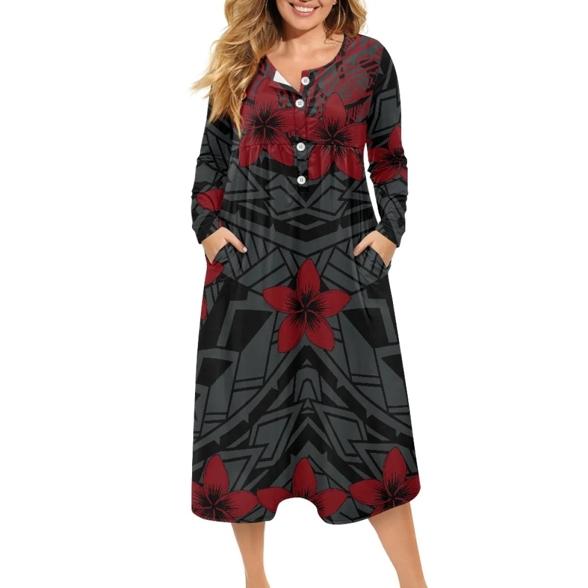 Clothing Women High Quality Polynesian Marquesan Cross Dress Loose Plus Size Ladies V Neck Button Dress Printed On Demand