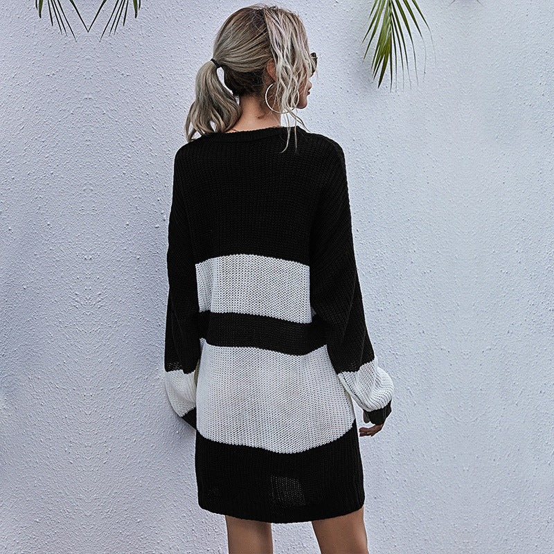 European And American Knitted Round Neck Stitching Striped Sweater Dress