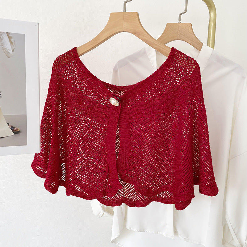 Air-conditioned Room Ice Silk Knitted Shawl Elegant Socialite Outer Wear Pearl Neck Guard Waistcoat