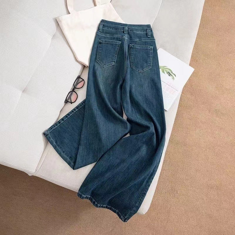 Dark Blue High Waist Drape Denim Wide Leg Pants Retro Pants Slim And Tall Stylish Straight Pants
