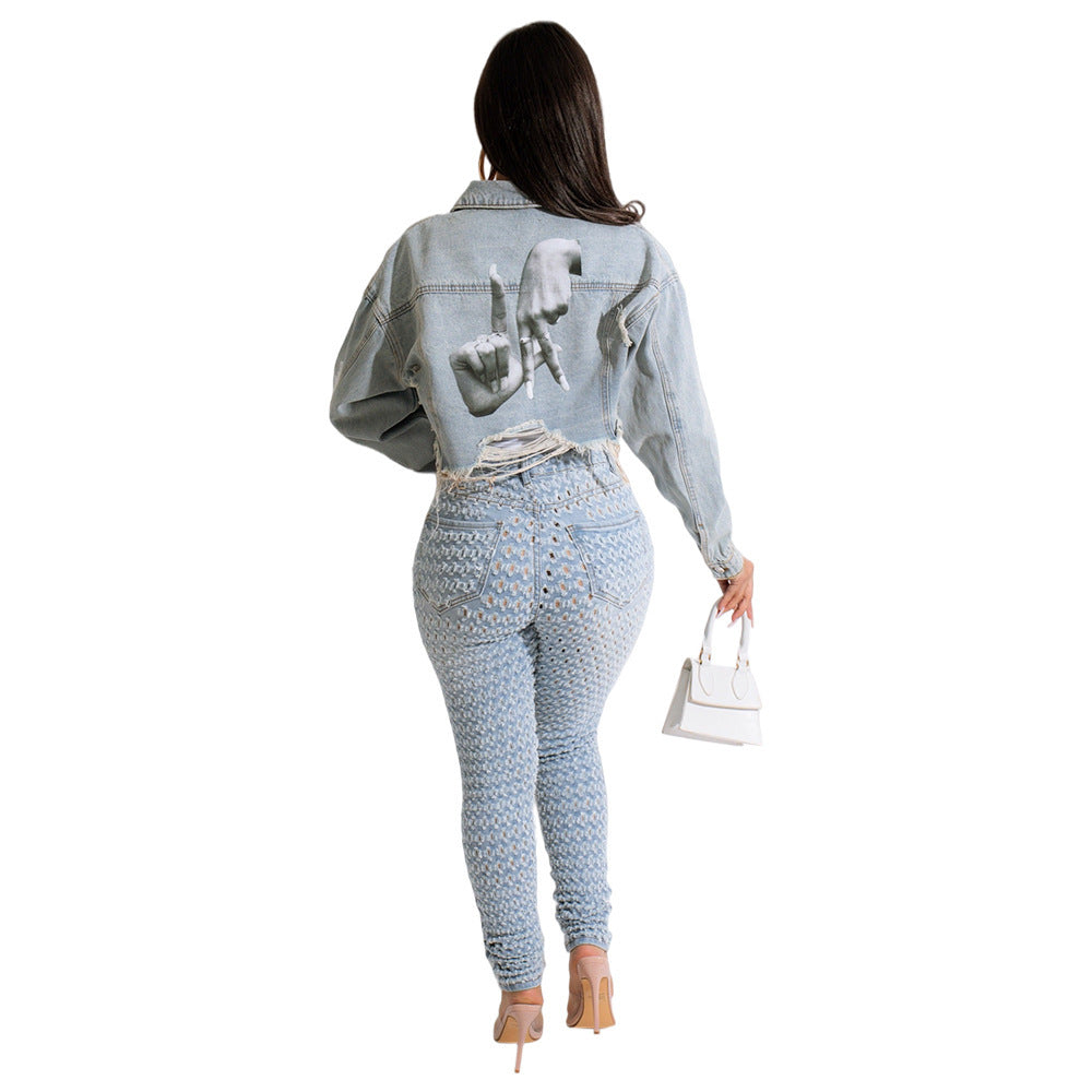 Fashion Hot Retro Everything With Personality Raw Edge Jacket Hot Painted Coat