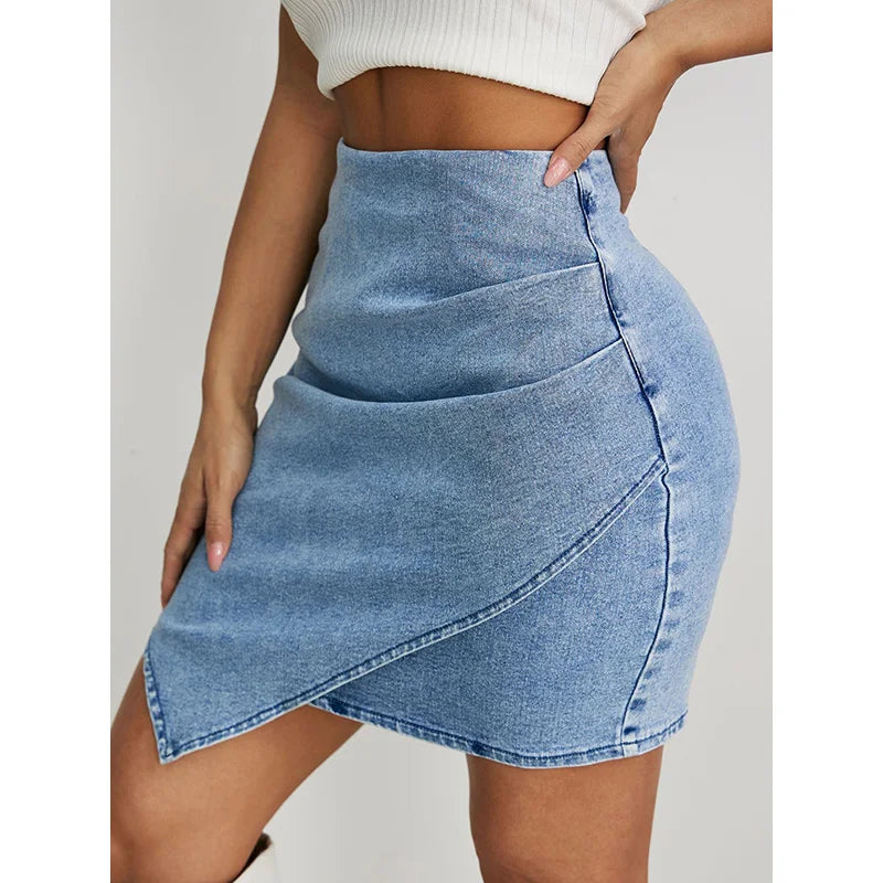 Benuynffy High Waist Ruched Asymmetrical Denim Skirt Women's Street Retro Back Zipper Sexy Hip-wrapped Mini Skirts 2025 New